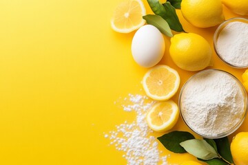 A creative flat lay of baking ingredients, including flour, sugar, eggs, and lemons, styled on a bright yellow countertop