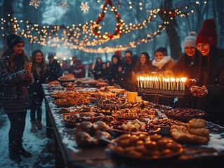 Bustling Cyber Monday sale Bhai Dooj gifts being shared under winter skies a Yalda Night feast glowing next to a Hanukkah menorah Human Rights symbols surrounding them