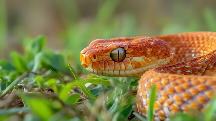 Obraz premium Close-up of a Vibrant Orange Snake in Natural Green Environment