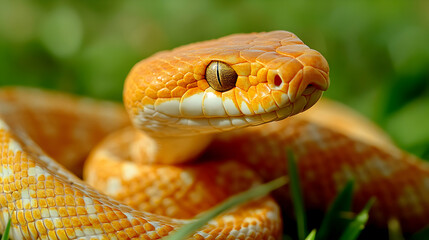 Obraz premium Vibrant Orange Snake Crawling Through Lush Green Grass in Nature