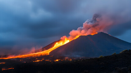 Majestic Volcano Erupting with Fiery Lava Flow Under Dramatic Sky