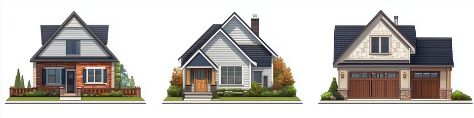 Three distinct Cottage house designs showcasing different architectural styles. The first house features a brick facade with a porch, the second has a classic gable roof and siding.