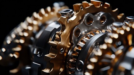 Intricate gears and cogs interlocking mechanism industrial workshop closeup photography technical environment macro view engineering concept