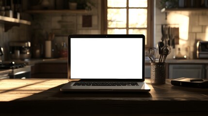 Open laptop with blank screen on a wooden desk in a kitchen room home office