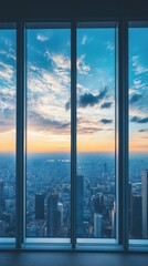 Fototapeta premium City skyline view from modern window at sunset with clouds and urban landscape below.