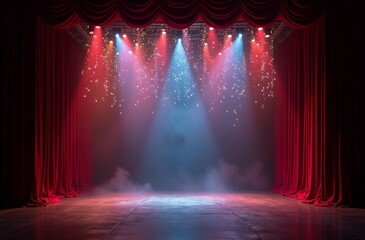 Blue Stage Lights and Fog Creating a Dramatic Theatrical Atmosphere