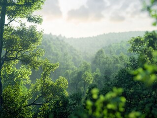 Fototapeta premium Misty Forest Landscape with Lush Green Trees and a Cloudy Sky in the Background