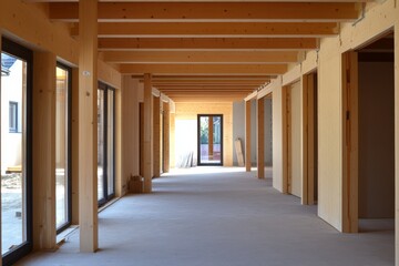 Modern unfinished house interior with wooden beams, large windows, and concrete floor.