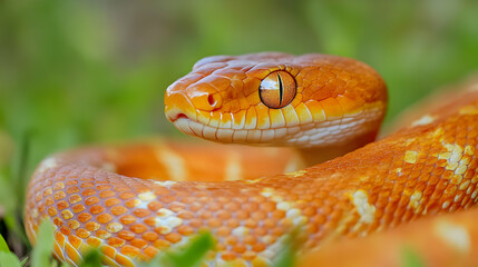 Fototapeta premium Vibrant Orange Snake Coiled on Grass with Intricate Patterns