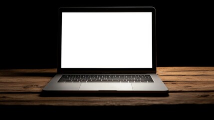 Fototapeta premium Open laptop with blank screen on a wooden desk in a kitchen room home office