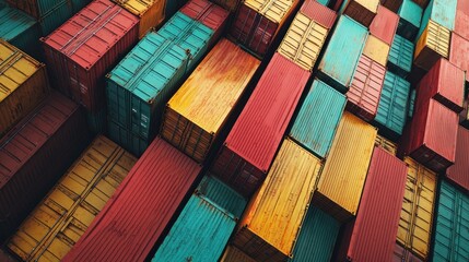 Fototapeta premium Colorful Cargo Containers Stacked High: A vibrant display of international trade and logistics