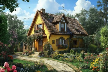 A charming yellow cottage surrounded by vibrant flowers and lush greenery. The house features a sloped roof, wooden accents, and a stone pathway leading to the entrance. 