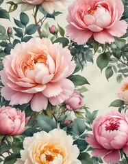 Watercolor artwork of roses and peonies with a vintage look, artwork, roses, delicate