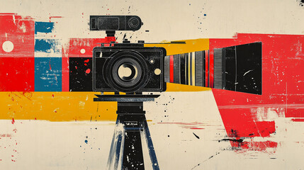 Large vintage film camera in a retro style, presented in a striking and artistic collage design