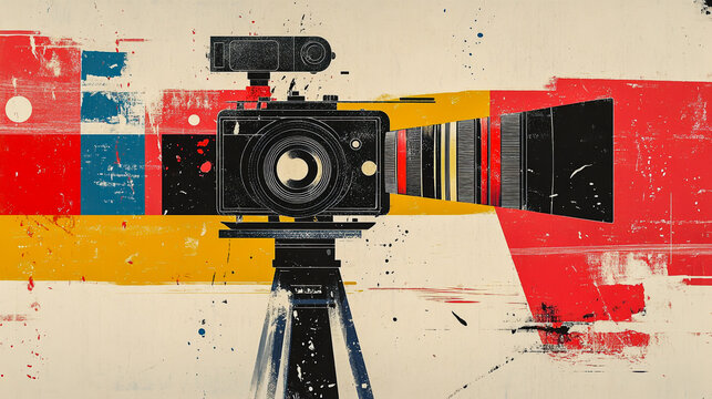 Large vintage film camera in a retro style, presented in a striking and artistic collage design