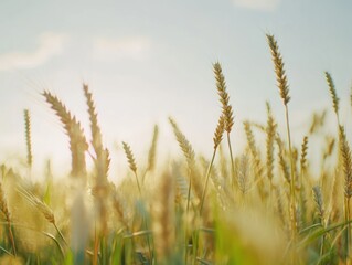 Fototapeta premium Golden wheat field under the soft morning light, a serene rural landscape view