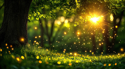 Naklejka premium Sunlight Filtering Through Trees in a Lush Green Forest Scene