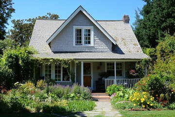 A charming cottage-style house surrounded by a lush garden filled with colorful flowers. The house features a gabled roof, wooden porch, and large windows, creating a welcoming atmosphere.