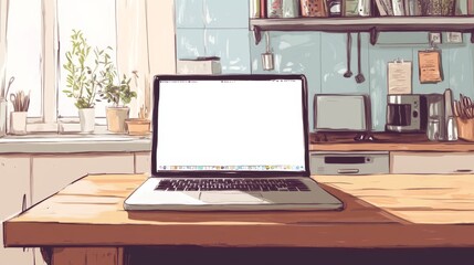 Fototapeta premium Open laptop with blank screen on a wooden desk in a kitchen room home office