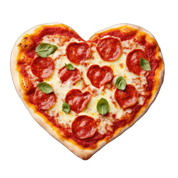 A heart-shaped pizza topped with pepperoni and basil leaves, showcasing a delicious blend of flavors and a unique presentation.