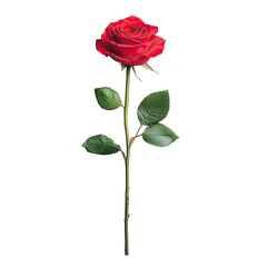 Fototapeta premium A vibrant red rose with lush green leaves, symbolizing love and passion, elegantly stands upright on a slender stem.