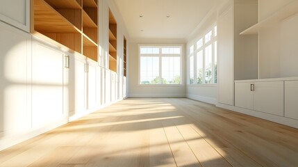 Empty Modern Storage Room with Natural Lighting and Custom Cabinetry