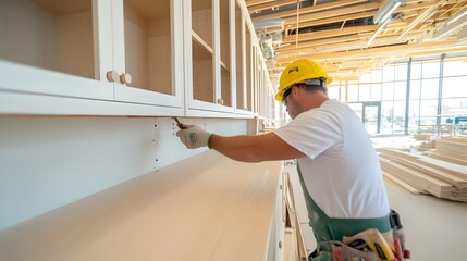 Skilled Carpenter Expertly Installs Custom Cabinets in Modern Well Equipped Workshop with Natural