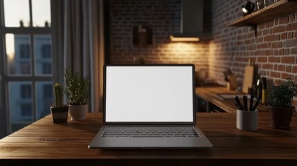 Fototapeta premium Open laptop with blank screen on a wooden desk in a kitchen room home office