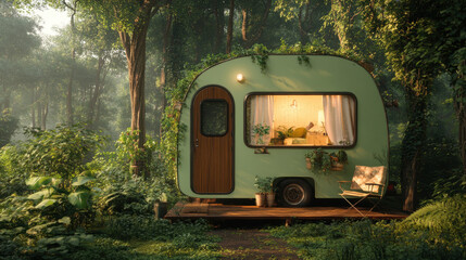 Naklejka premium Caravan park, Captivating image of a small caravan park exuding rustic charm, perfect for high-fidelity stock use.