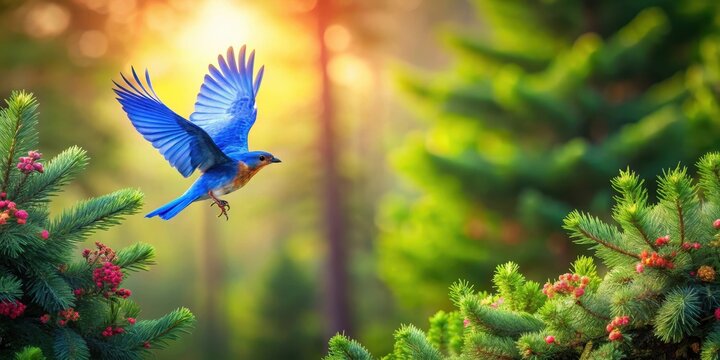 Ein blauer Vogel fliegt durch den dichten Wald und umkreist eine gr?ne Tanne mit Bl?ten, frauen, birds, frauen,birds