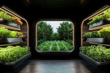Fototapeta premium A futuristic farm with robotic harvesters collecting crops, surrounded by vertical greenhouses glowing with neon lights under a starry sky