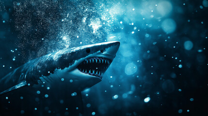 Fototapeta premium Shark underwater with open mouth showing sharp teeth, deep ocean background