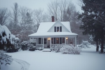 A cozy Cottage house covered in snow during winter, surrounded by trees and shrubs. The scene is peaceful with soft lighting from the windows, creating a warm atmosphere amidst the cold.