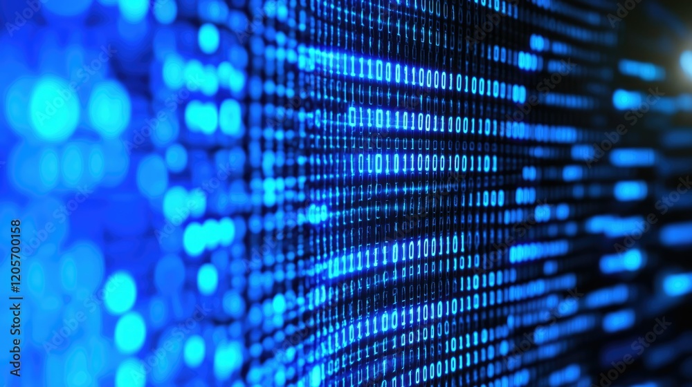 Wall mural a vibrant digital landscape featuring flowing streams of binary code (ones and zeros) against a blur