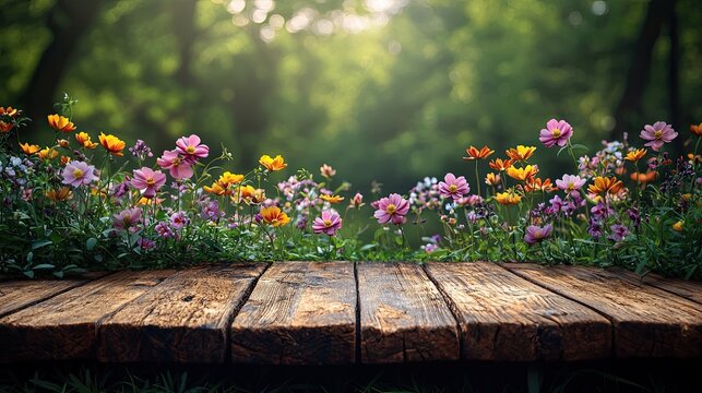 Vibrant wildflowers bloom on a wooden deck in a serene forest setting during late afternoon sunlight