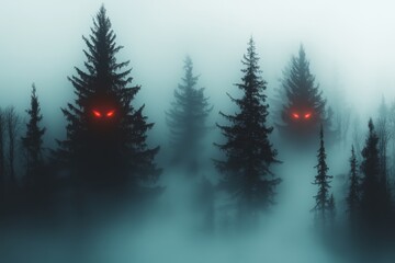 Fototapeta premium A gothic depiction of Yellowstone forest at night, with twisted trees, thick fog, and eerie glowing eyes of unseen creatures in the darkness