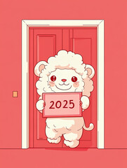 Spring Festival festive poster material, cute little lion holding a 2025 sign, red background, cartoon anime wallpaper
