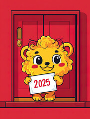 Spring Festival festive poster material, cute little lion holding a 2025 sign, red background, cartoon anime wallpaper
