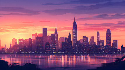 Fototapeta premium Serene Sunset Over Urban Skyline with Vibrant Colors and Reflections