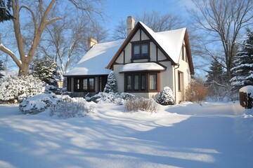 A charming Cottage house covered in snow, surrounded by trees and shrubs. The scene captures a serene winter landscape with a clear blue sky and soft sunlight illuminating the snow.