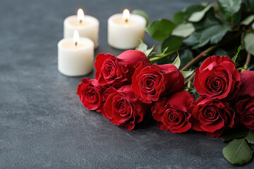 Fototapeta premium Romantic red roses with candles create warm, intimate atmosphere