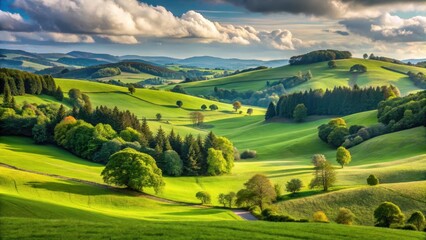 Obraz premium Rolling hills with a vast landscape of green pastures and tall trees in the background, scenic views, rolling hills