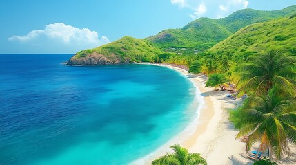 Obraz premium Serene Tropical Beach Scene With Lush Green Mountains