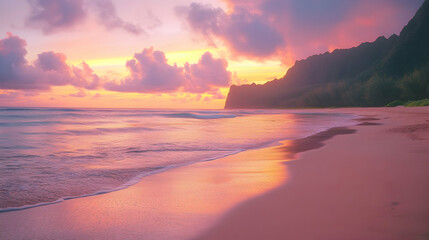 Fototapeta premium Serene Beach at Sunset with Vibrant Sky and Gentle Waves