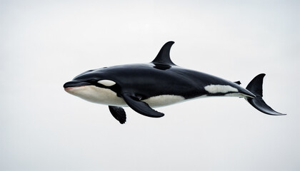 Fototapeta premium A powerful and graceful orca leaps out of the water, displaying its striking black-and-white markings against the serene ocean backdrop