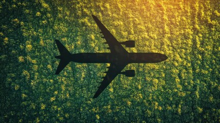 Airplane silhouette over vibrant green field.