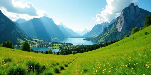 Obraz premium Lush green meadows amidst Norwegian mountains, mountains, serenity, nature