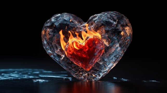 Fiery heart encased in ice, dark background, abstract art, love concept - Powered by Adobe