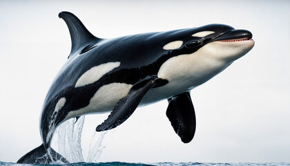 A powerful and graceful orca leaps out of the water, displaying its striking black-and-white markings against the serene ocean backdrop