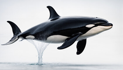 Obraz premium A powerful and graceful orca leaps out of the water, displaying its striking black-and-white markings against the serene ocean backdrop